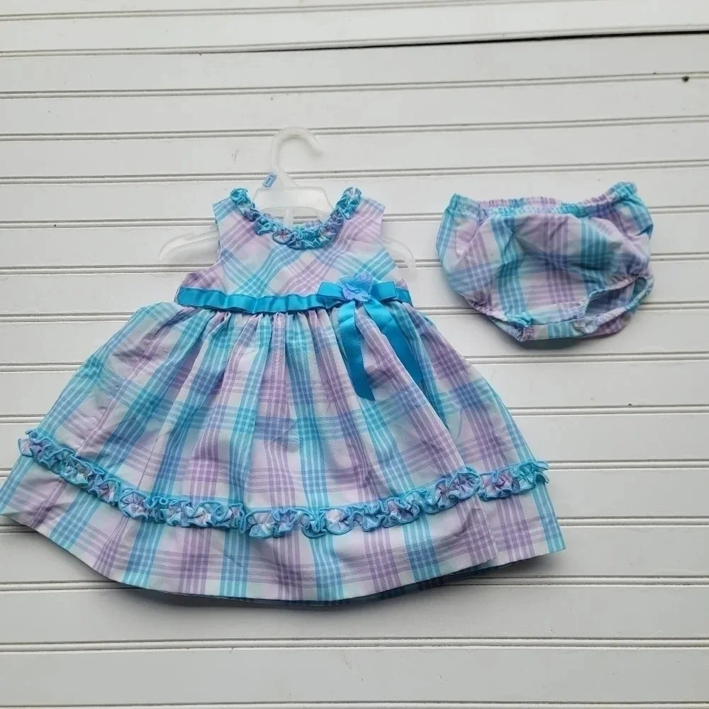 2PC BONNIE BABY WHITE TEAL LILA EMPIRE WAIST DRESS BUTTONS TIES BACK 6-9 Mos